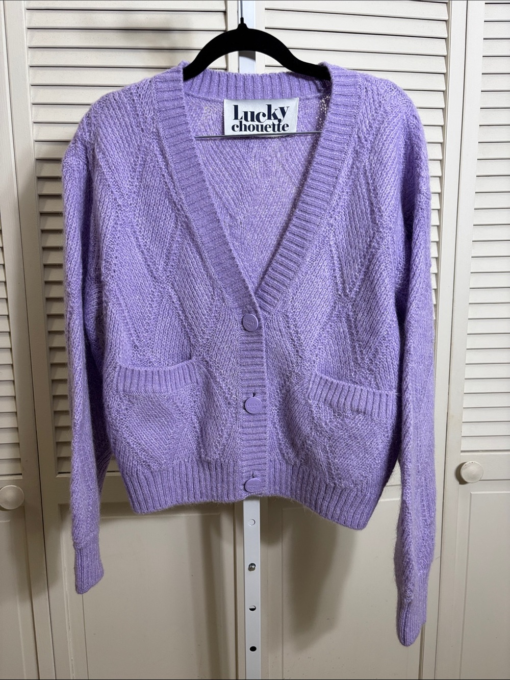 Lucky Chouette Wool Blend Lilac Button-Front V-Neck Cardigan One Size